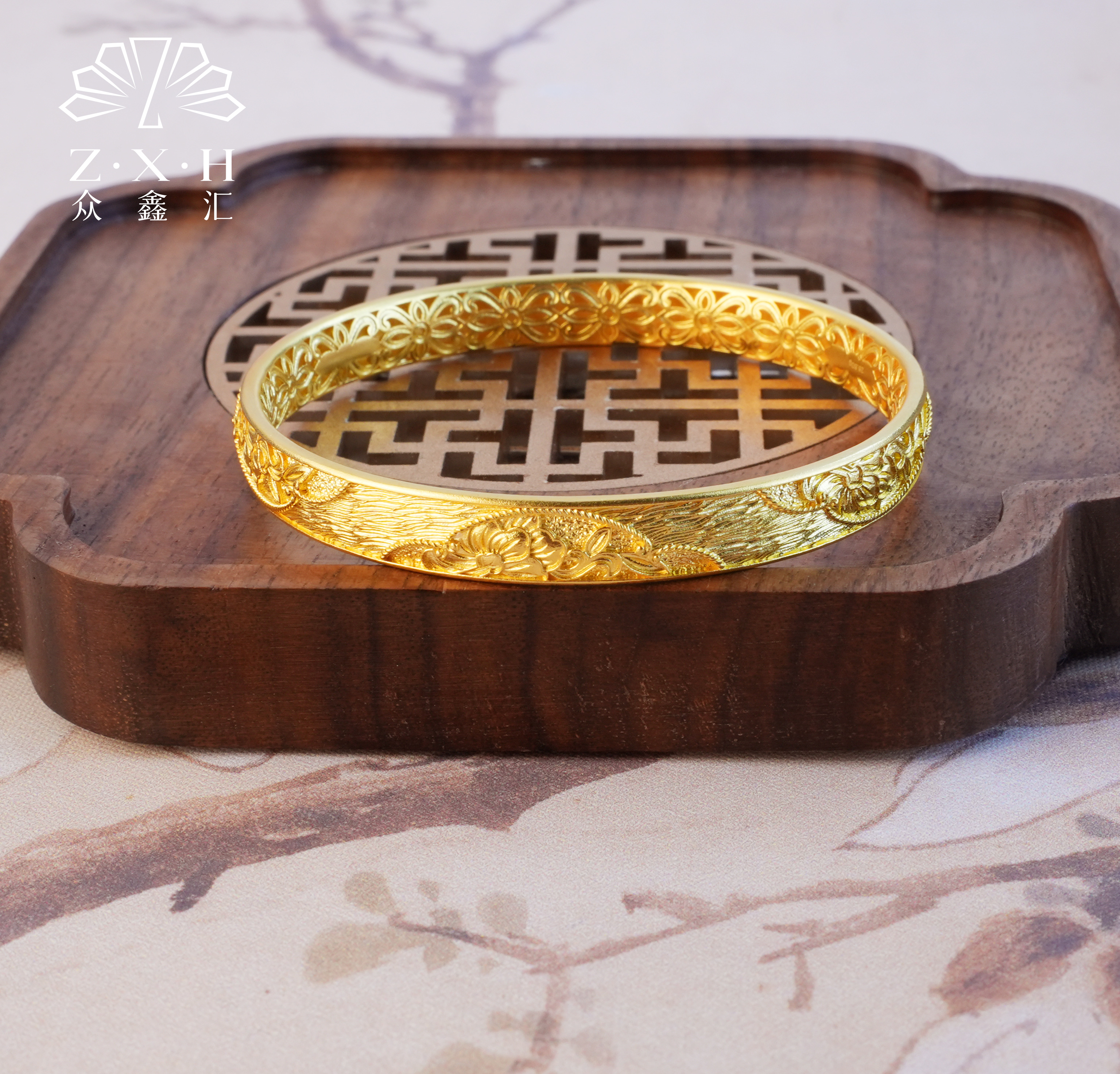 {众鑫汇}足金999 古法素金四季花开传承手镯