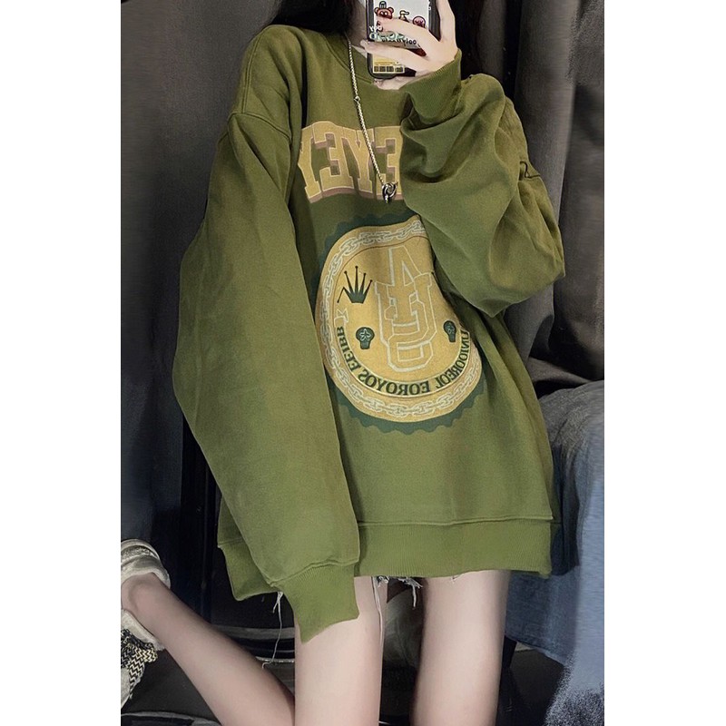 塔薇绮美式复古绿色卫衣女秋冬韩版新款上衣套头外套潮