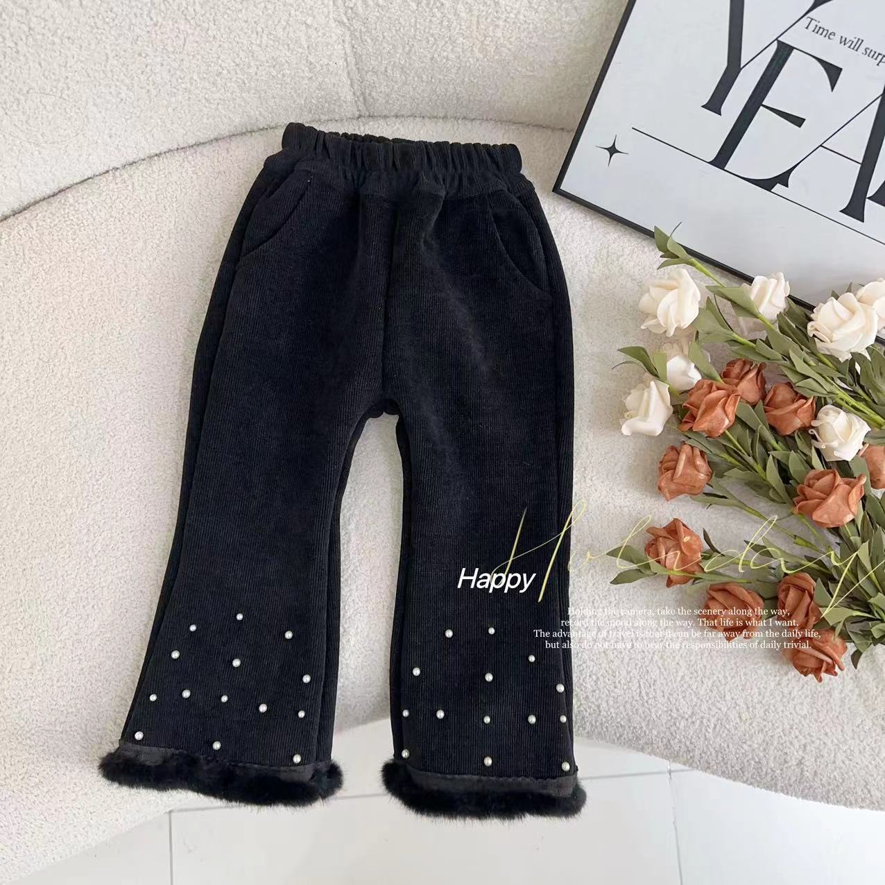 【手工订珠+气质小香风】汤圆家童装2024新款加绒毛边喇叭裤 YA-781