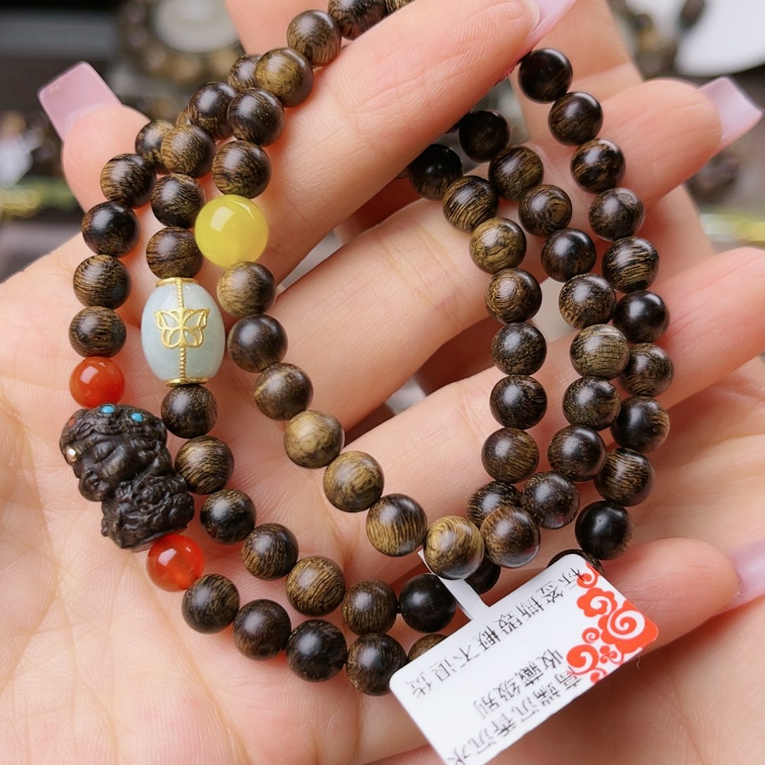 沉香手串越南芽庄老白棋玉化老料满樱子瘤疤虎斑纹