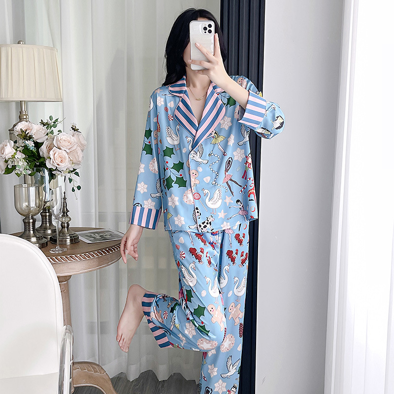 玩偶五件套长袖吊带裙性感贡缎冰丝夏季女士睡衣宽松韩版薄款08