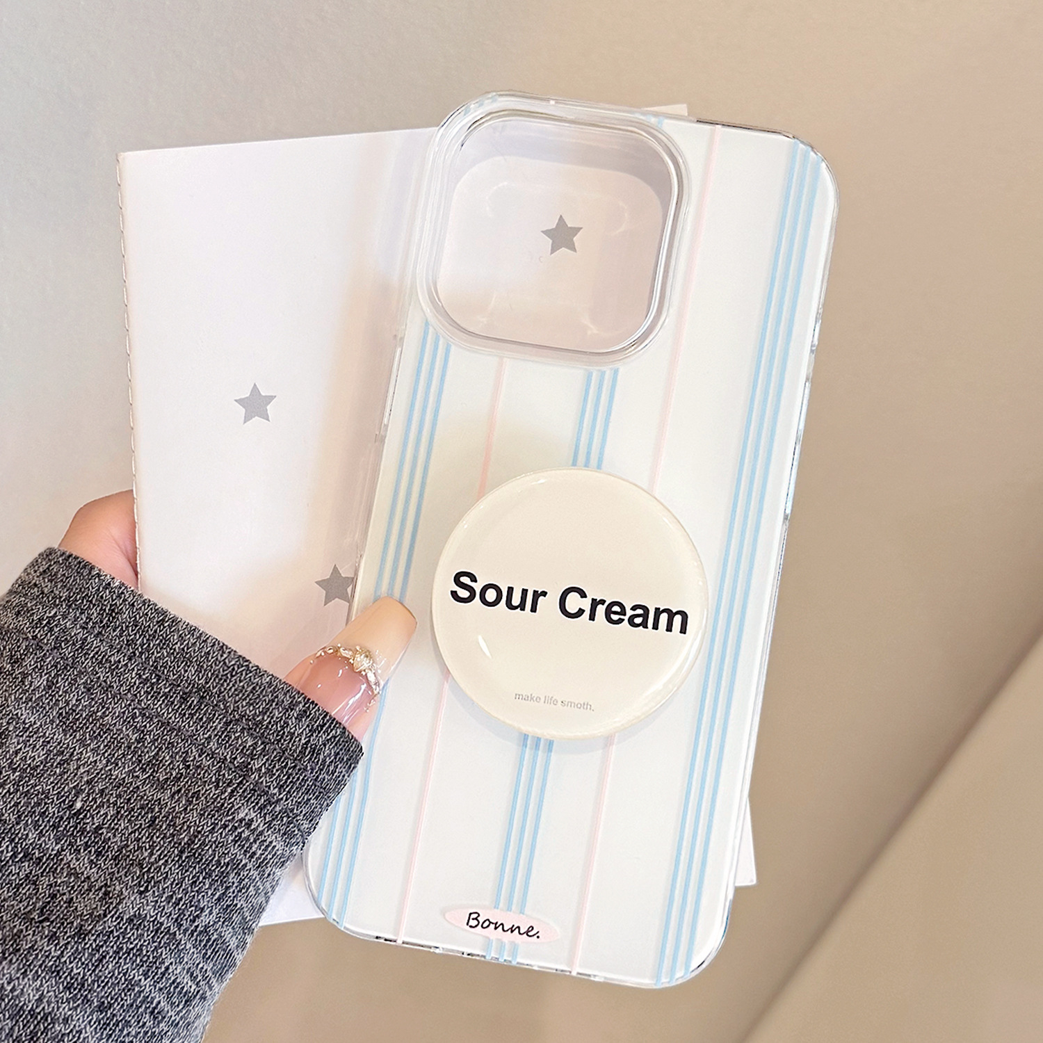 个性粉蓝竖纹适用iphone17promax手机壳酸奶支架16亚克力15软边12