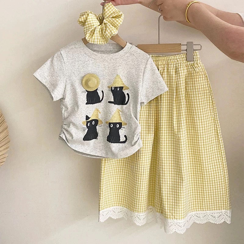 女童套装夏季2025新款儿童洋气短袖T恤夏装女孩格子阔腿裤两件套
