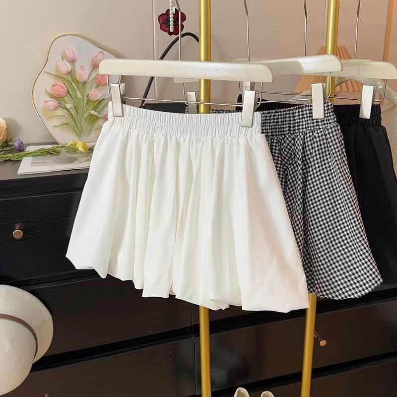 设计感纯色格子花苞半身裙女夏季2025小个子高腰防走光蓬蓬裙1014