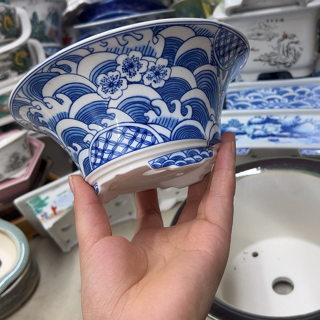 紫砂花盆978号瑕疵17/7cm仿手绘海浪花纹