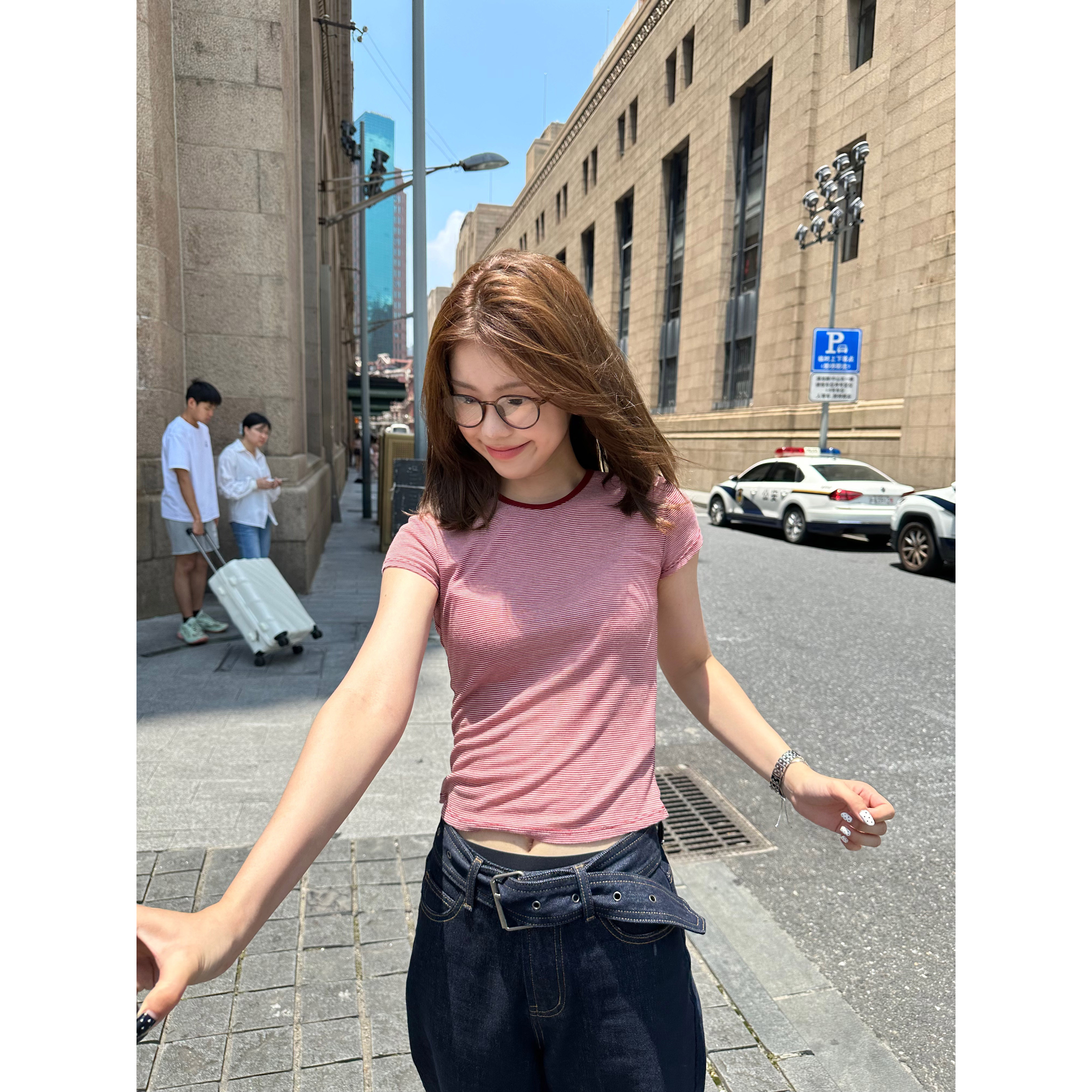 Tuuuh【苹果派】美式复古红色条纹圆领正肩薄款短袖t恤T35039TU52