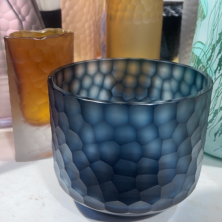 手工艺品琉璃兰色磨刻花瓶花器高16口18