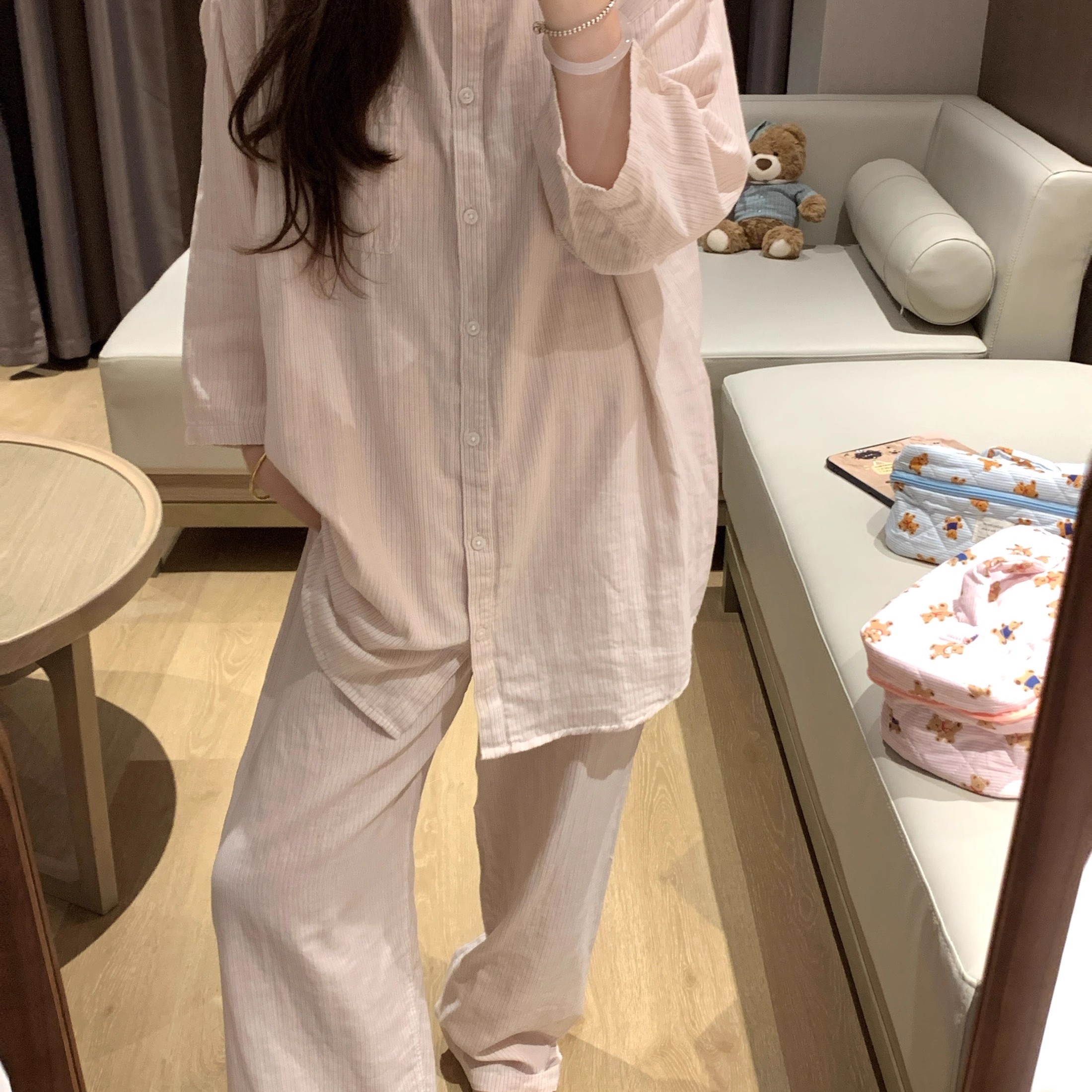2025春秋季新款睡衣女款可外出淡粉色日系条纹家居服套装