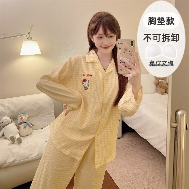 简约格子睡衣女带胸垫春秋季长袖长裤卡通凯蒂猫可外穿学生家居服