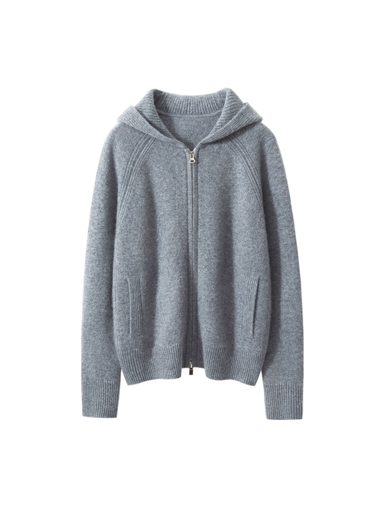 【插肩帽衫】100%山羊绒 插肩平面带帽双拉链开衫