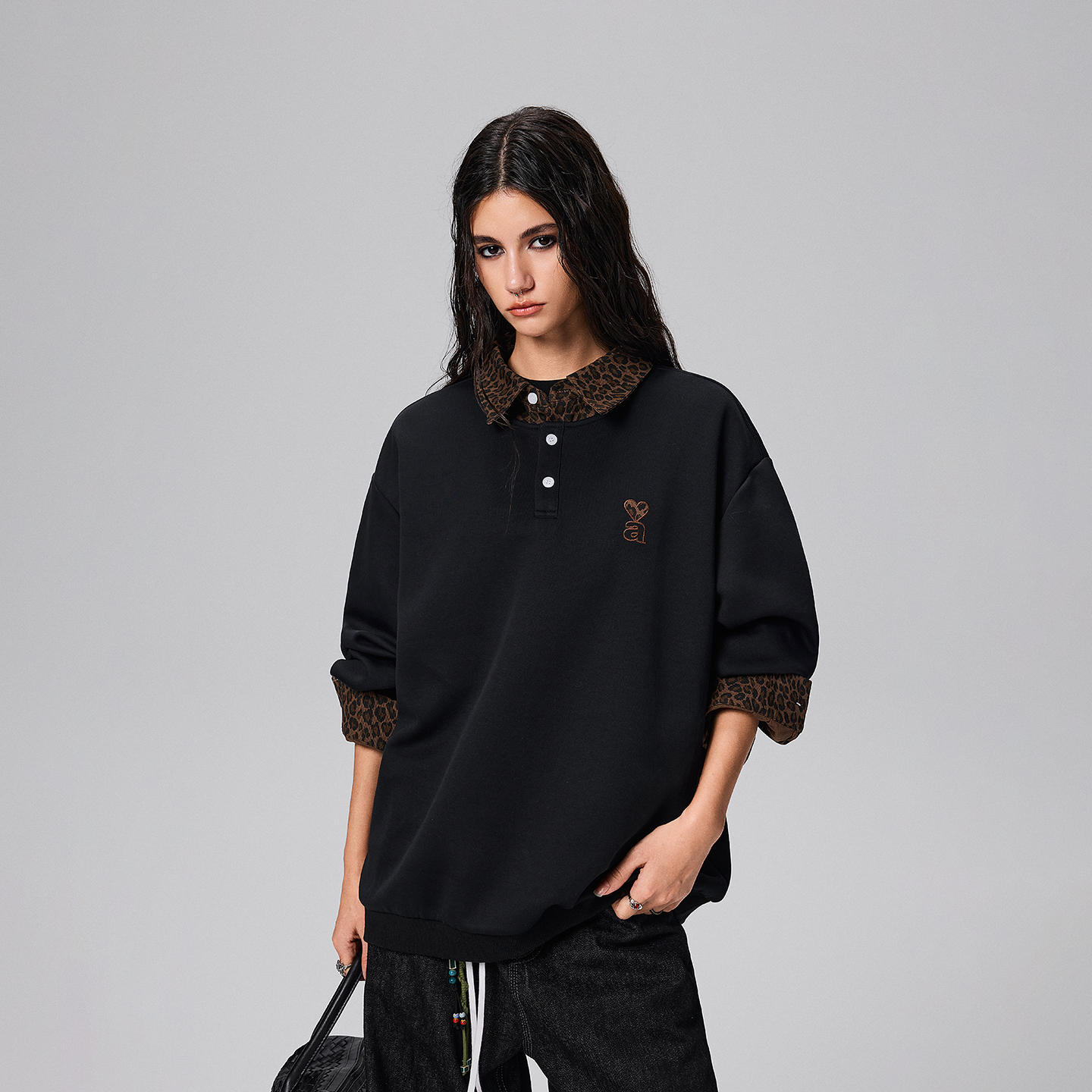 【Achock官方店】潮牌高街豹纹拼接翻领卫衣美式重磅新款情侣外套