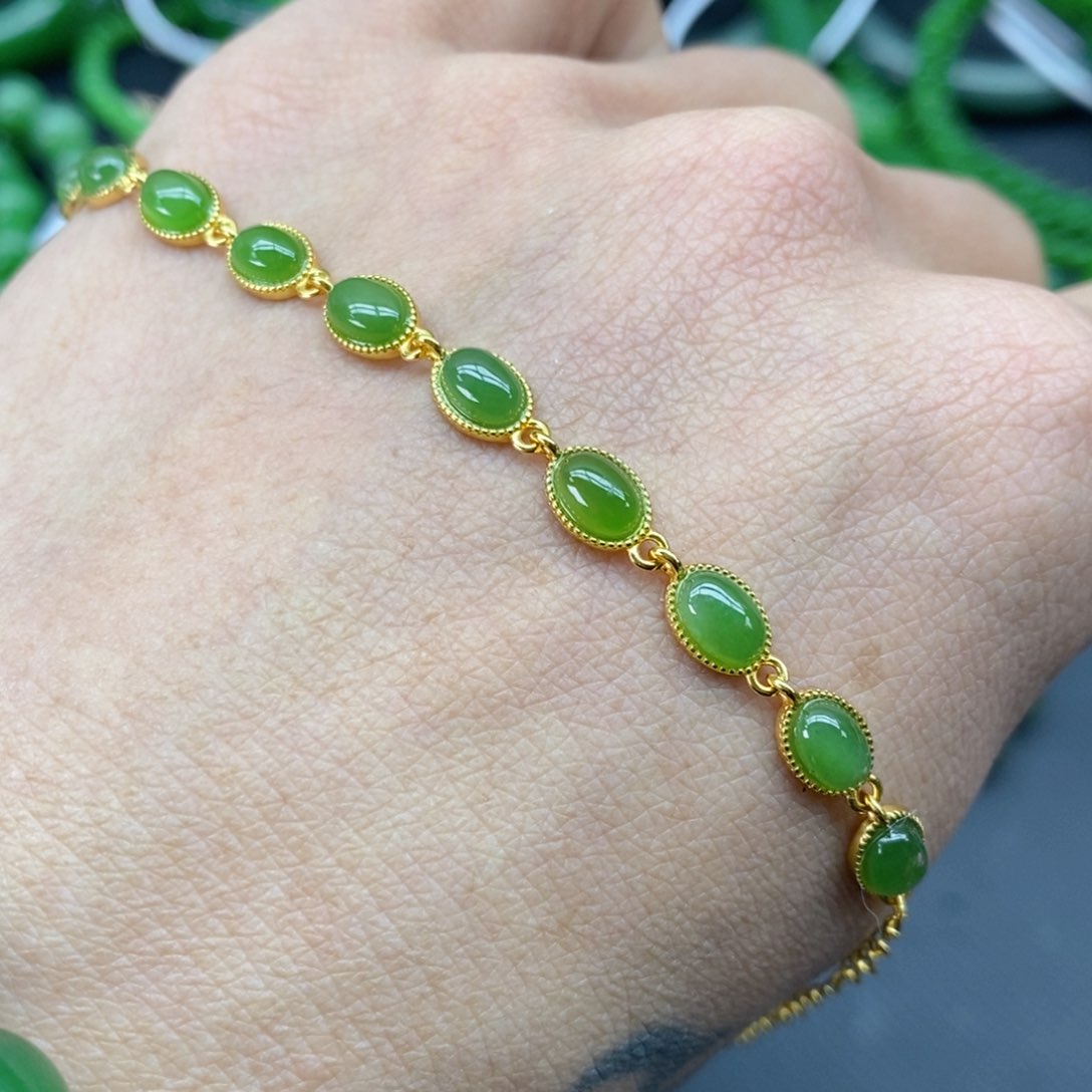 和田玉（碧玉）手链银S925镀金镶嵌
