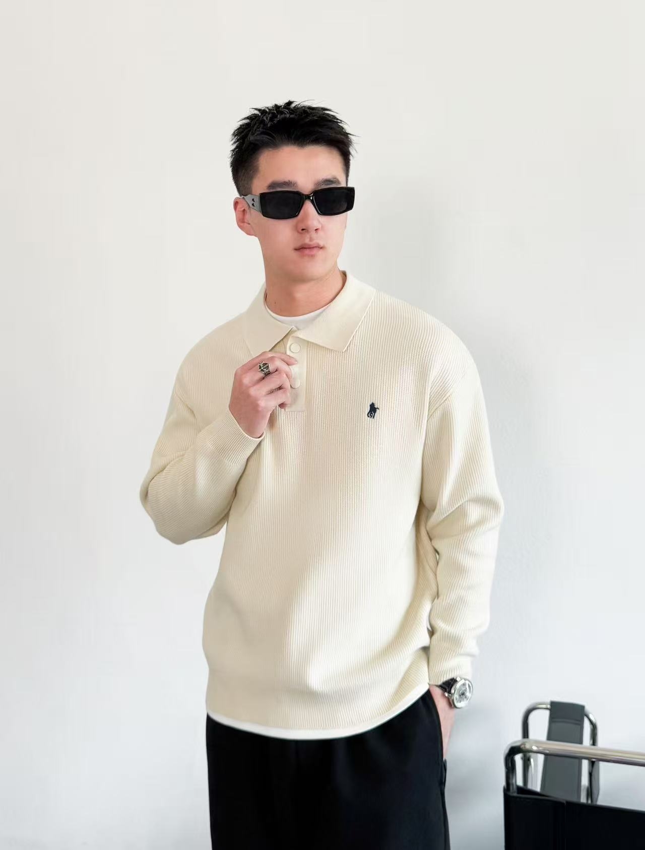 高端假两件翻领针织衫男士秋季潮流宽松长袖Polo针冬款加厚