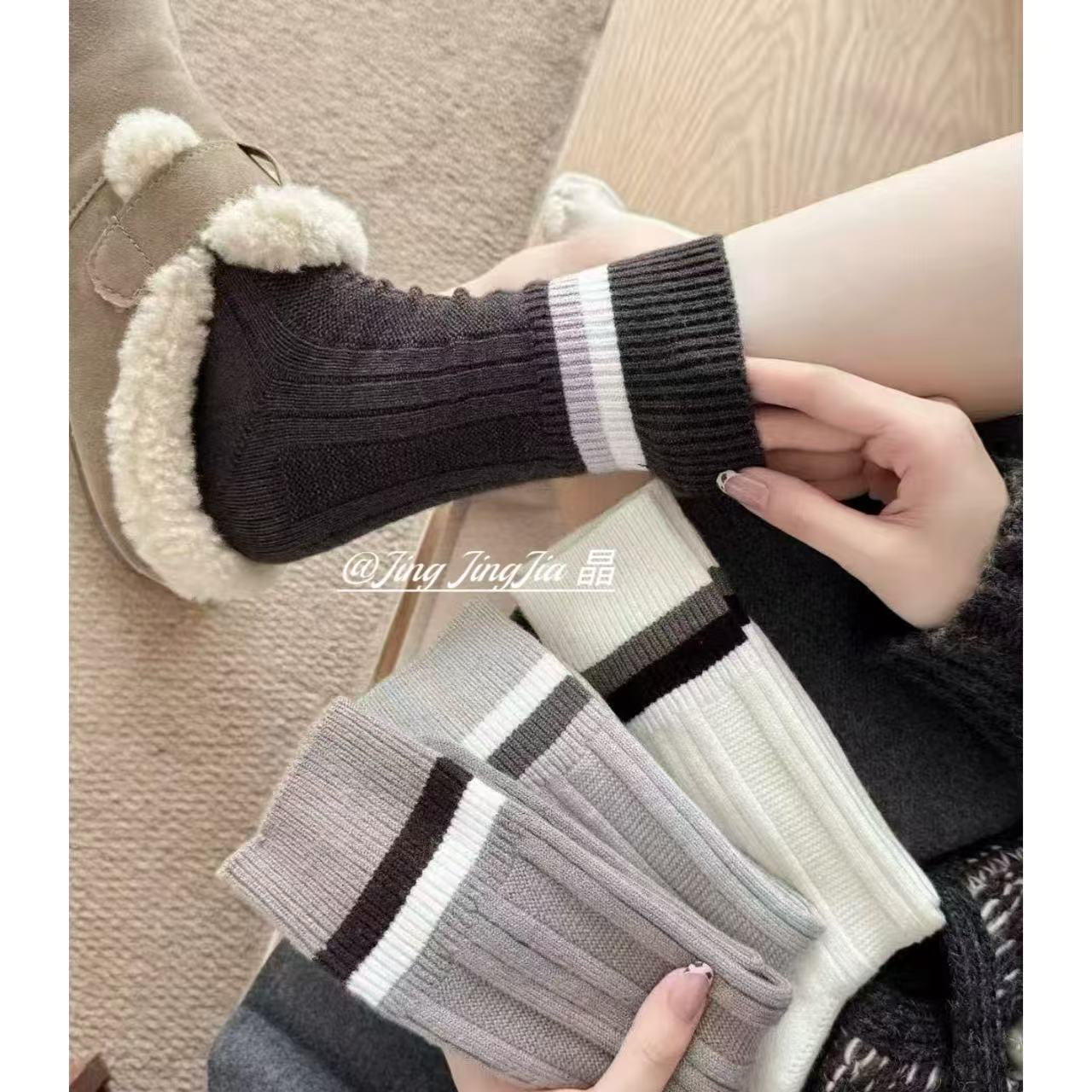 晶麦恬【波浪羊毛袜】保暖柔软条纹简约秋冬款袜