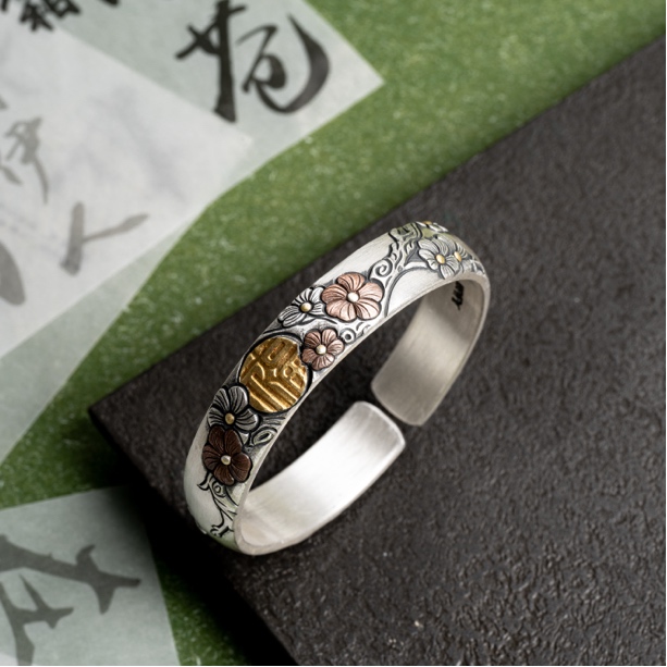 足银手镯   暗香福至丨纯手工錾刻金银错工艺复古国风镯约70g