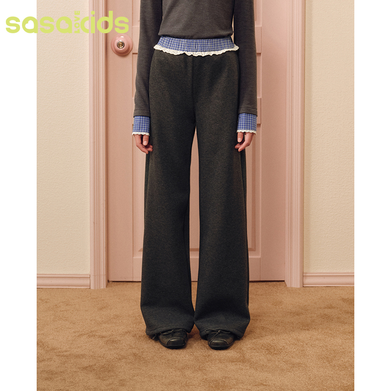 sasakids【MIU系女孩】秋冬撞色格子蕾丝花边加绒保暖休闲裤女童