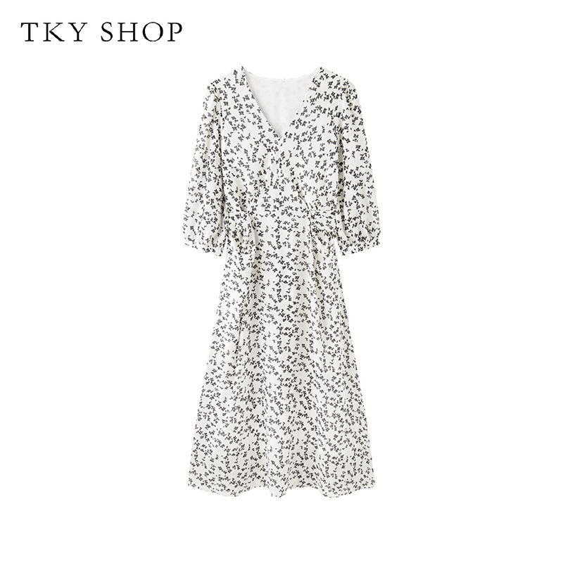 TKYSHOPV领黑白碎花连衣裙夏季系带收腰气质印花裙子10G1KH01E026