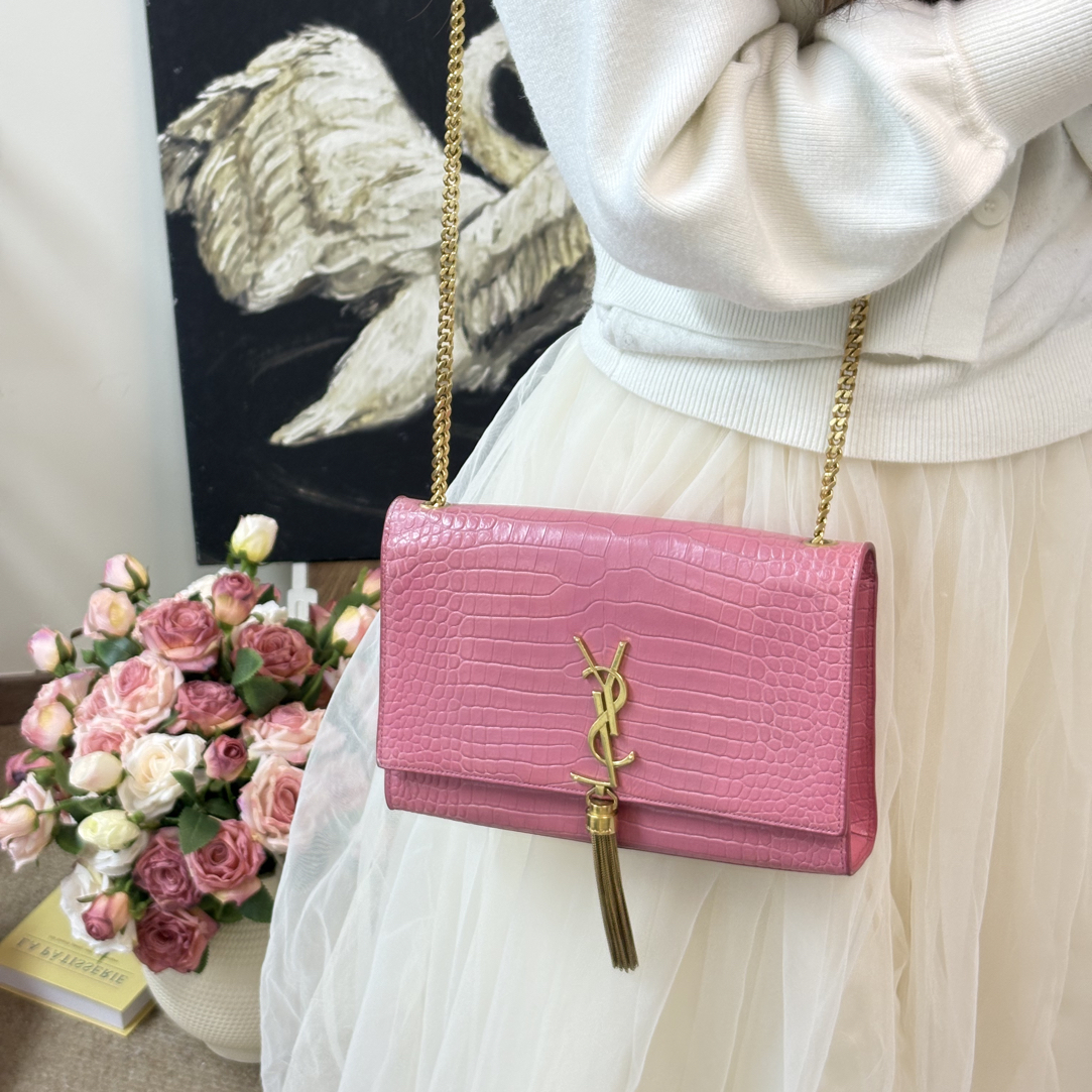 95新 YSL/圣罗兰 粉金压鳄纹链条流苏单肩斜挎女包