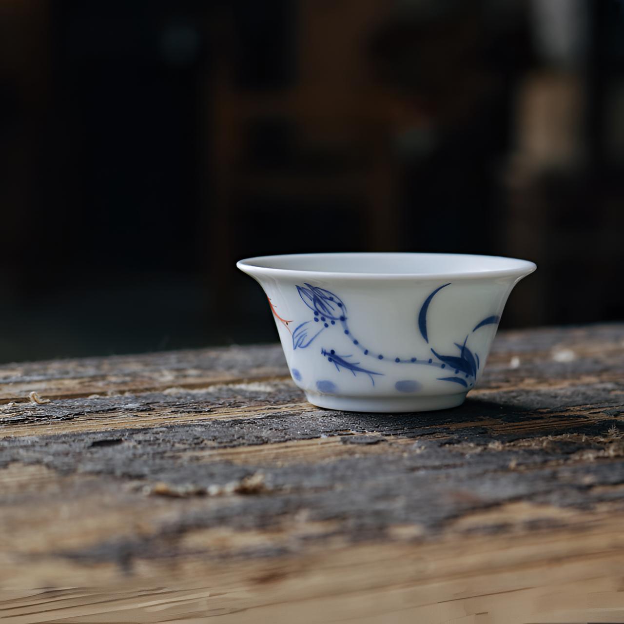 【老潮州工夫茶杯】荷花鱼马蹄杯玉璧底釉下彩纯手绘35cc