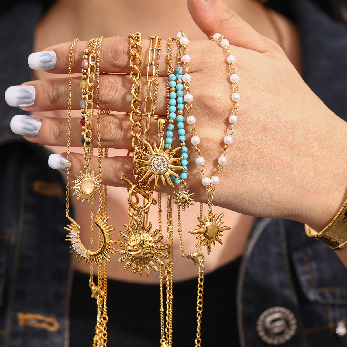 不锈钢项链 时尚不锈钢饰品太阳吊坠彩色石头项链209