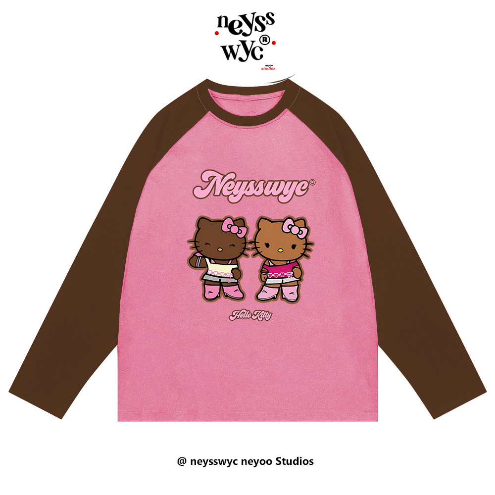 NEYSSWYC 黑皮双胞胎玫红拼粉涂鸦创意长袖插肩百搭宽松T恤春撞色