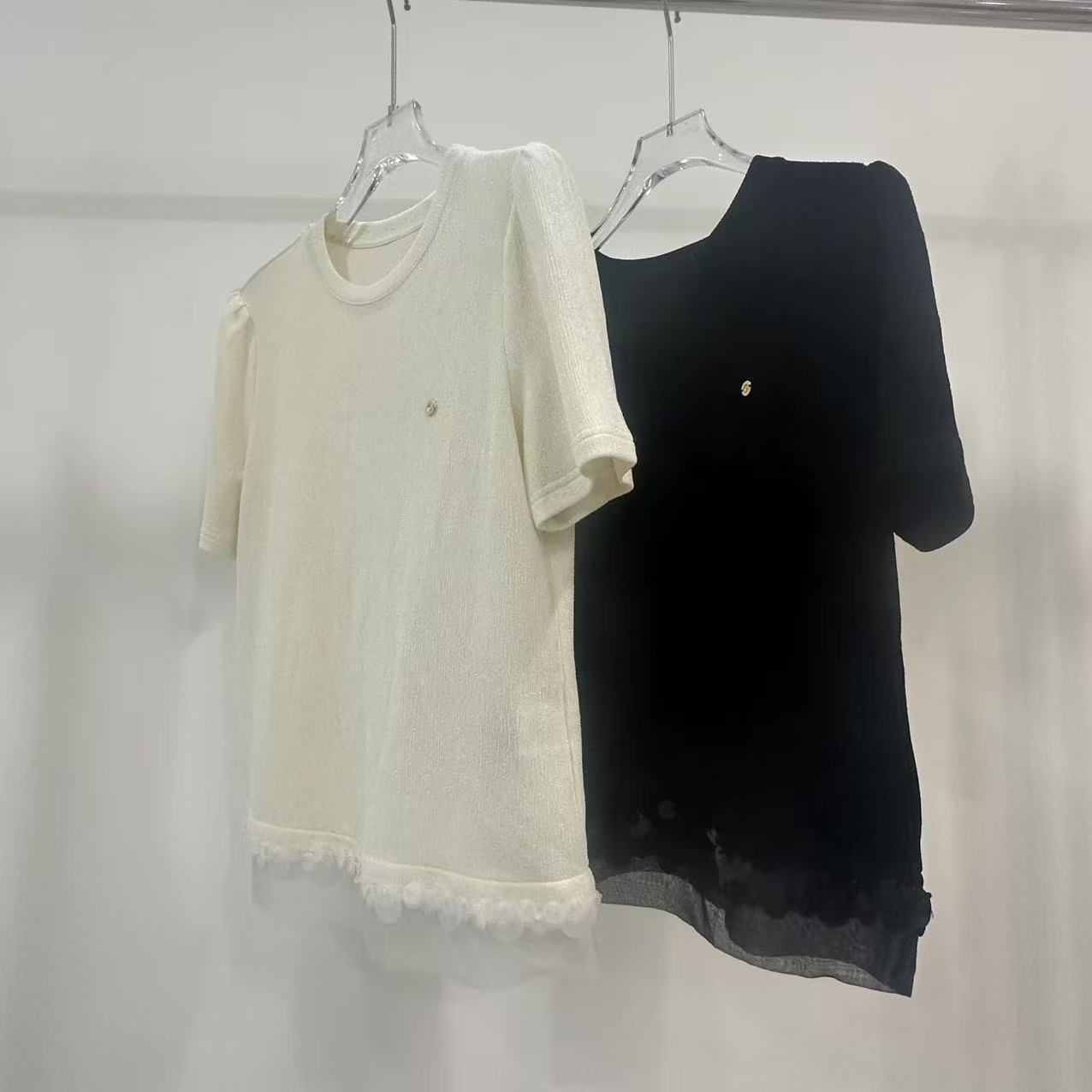 衣长58，2025春夏季新款设计感圆领亮片拼纱下摆显瘦短袖T恤-7636