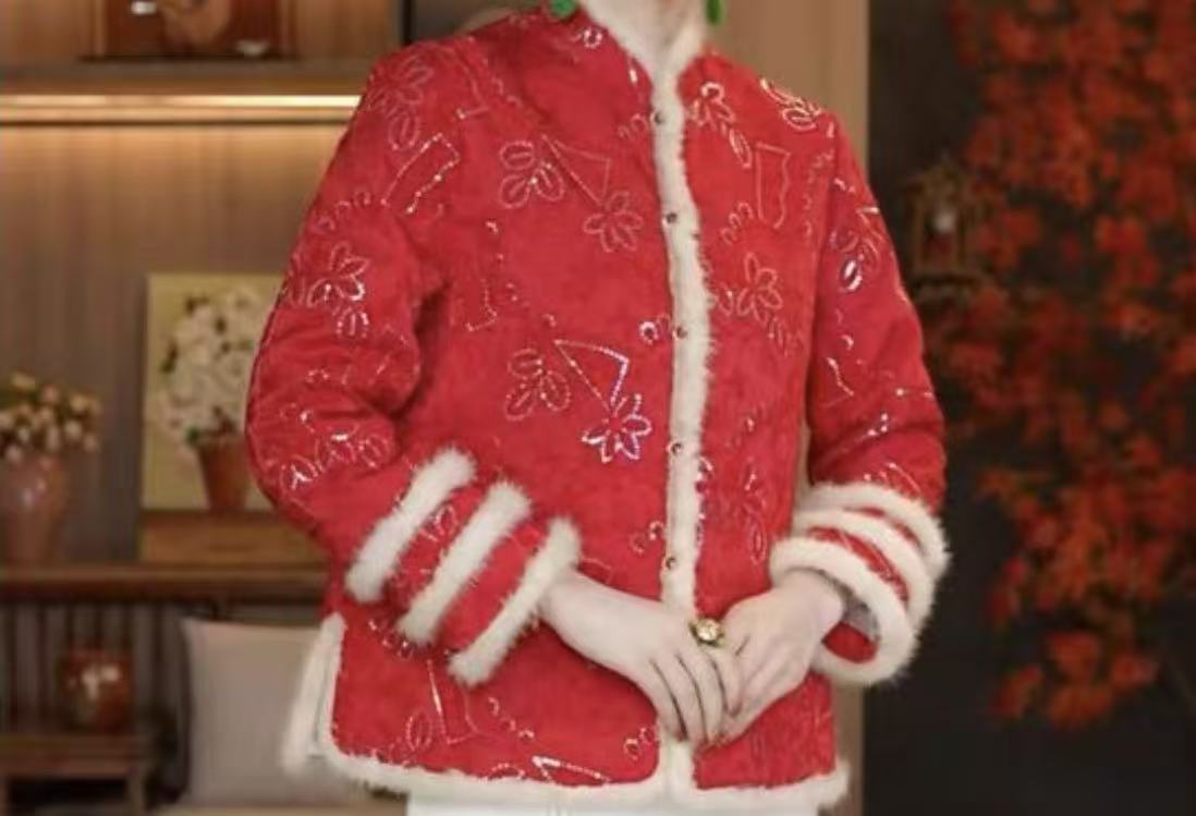 红莲~新中式国风立领真水貂毛保暖外套JS59