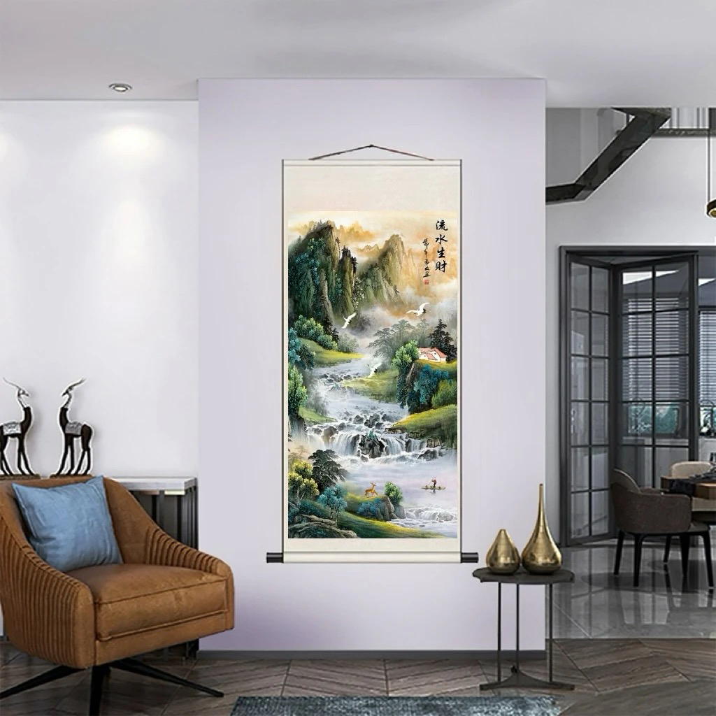 《流水生财》180*72竖幅连年有鱼玄关餐厅走廊书房茶室新中式挂画