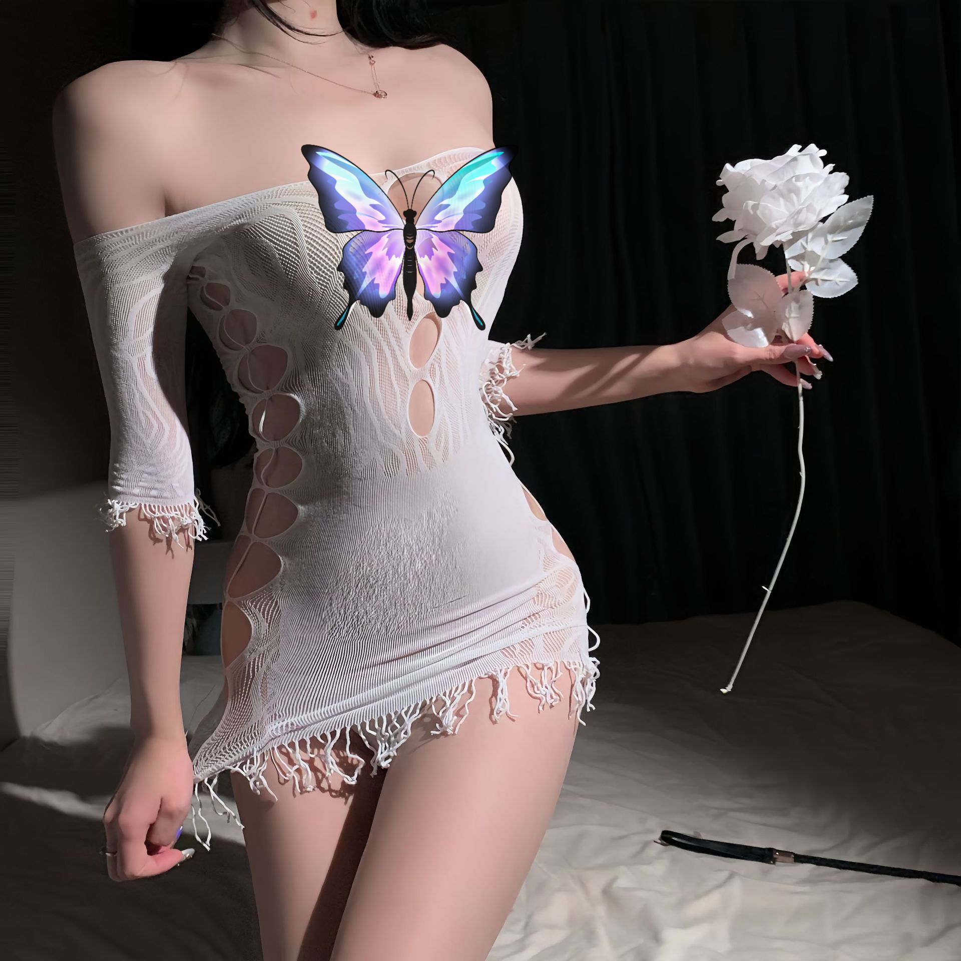 【撕撕乐75-155斤】大码一字肩提花网衣裙制服性感睡衣拆开不可退