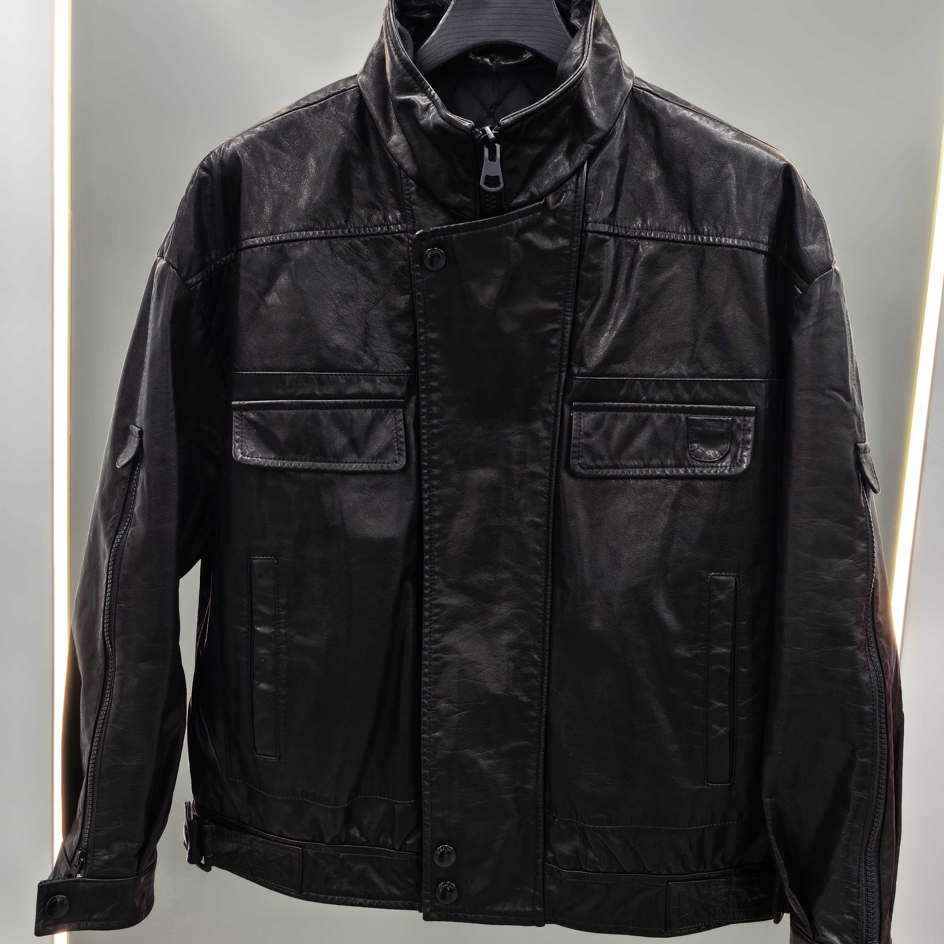 男士秋冬新款痞帅高街时尚纯色拉链立领全真牛皮外套嘻哈百搭防风