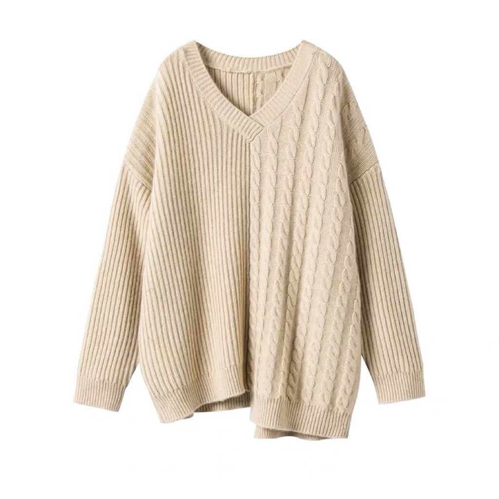 玲姐定制-V领不对称复古宽松麻花纹中长款设计感针织毛衣485217