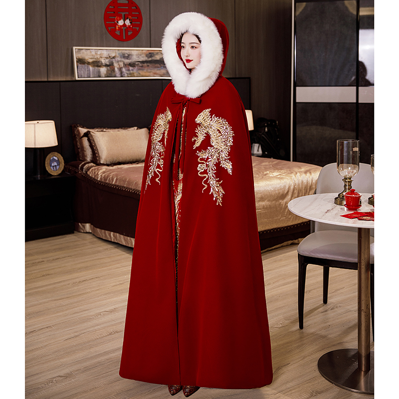 新娘秀禾服披风斗篷结婚中式婚礼敬酒服外搭冬季加棉加厚保暖红色