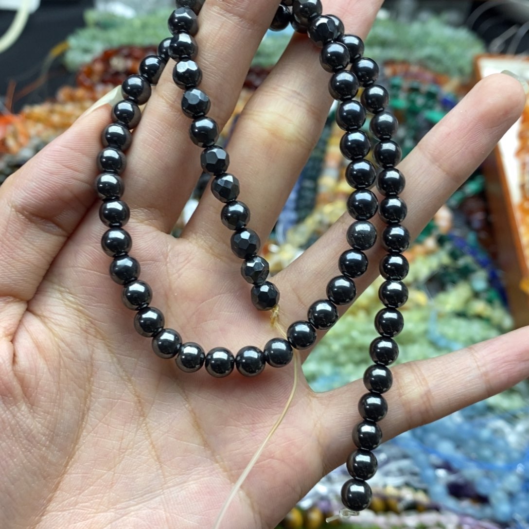 玛瑙/玉髓未镶嵌珠宝半成品一条天然黑胆石切面混圆珠6mmB29