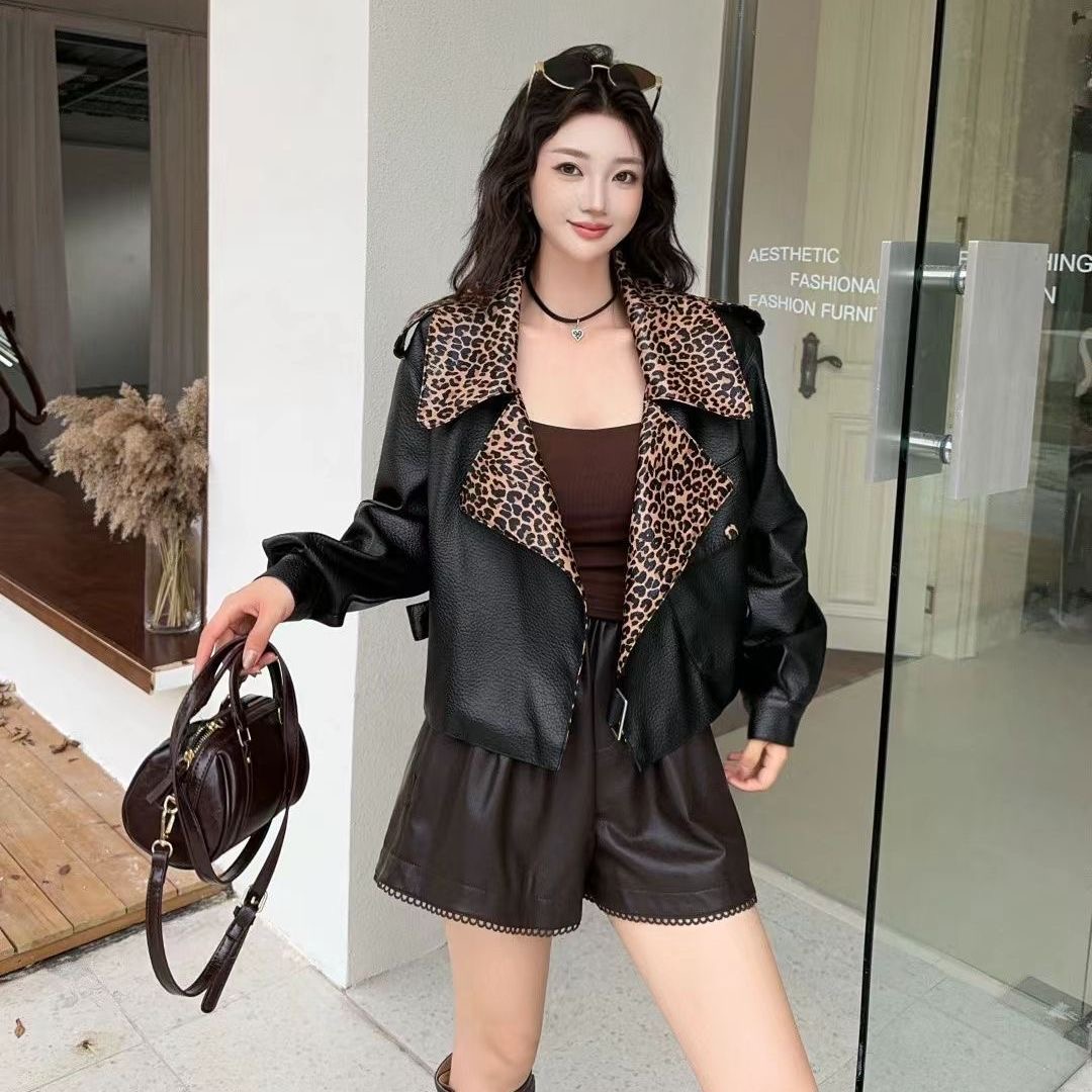 秋冬欧货新款豹纹领短款重工短外套女士拼接常规外套洋气时尚常女
