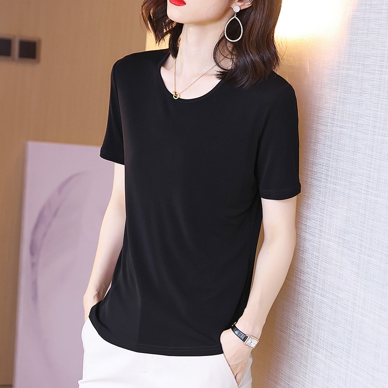 经典窄边圆领 细腻加密型强捻桑蚕丝短袖T恤