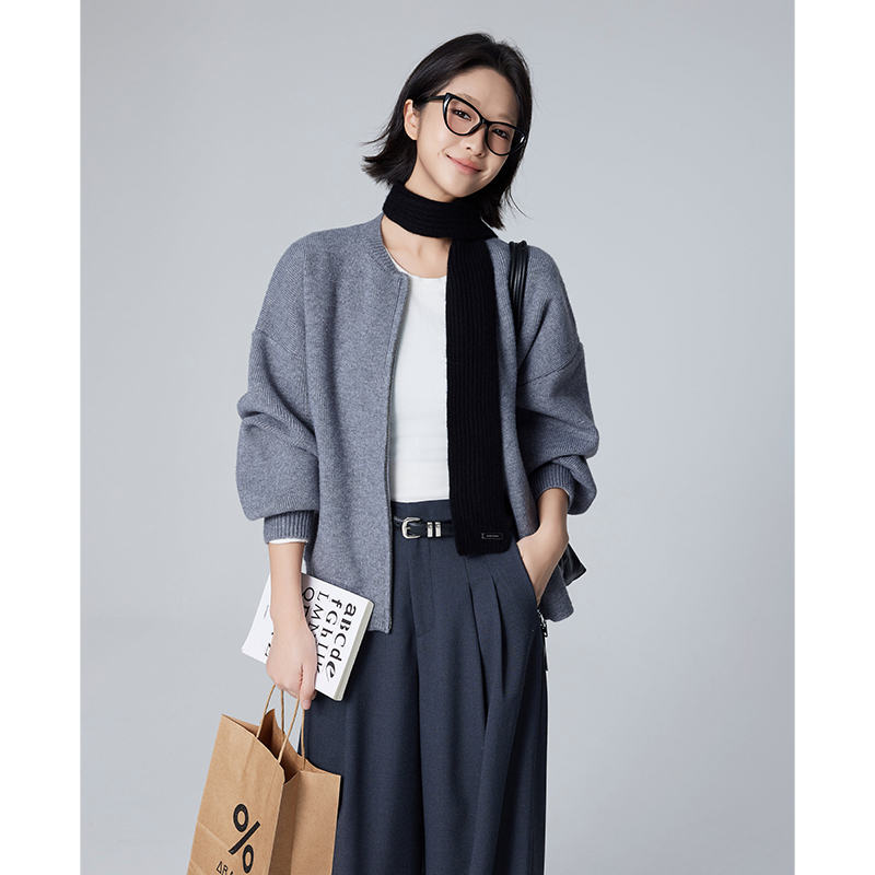 美洋MEIYANG 芝麻糊针织开衫 休闲宽松圆领灯笼袖慵懒拉链毛衣