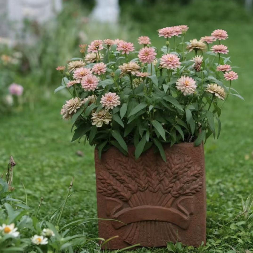 新款手工粗陶浮雕麦穗方盆花纹简约绿植粗陶盆透气ins风