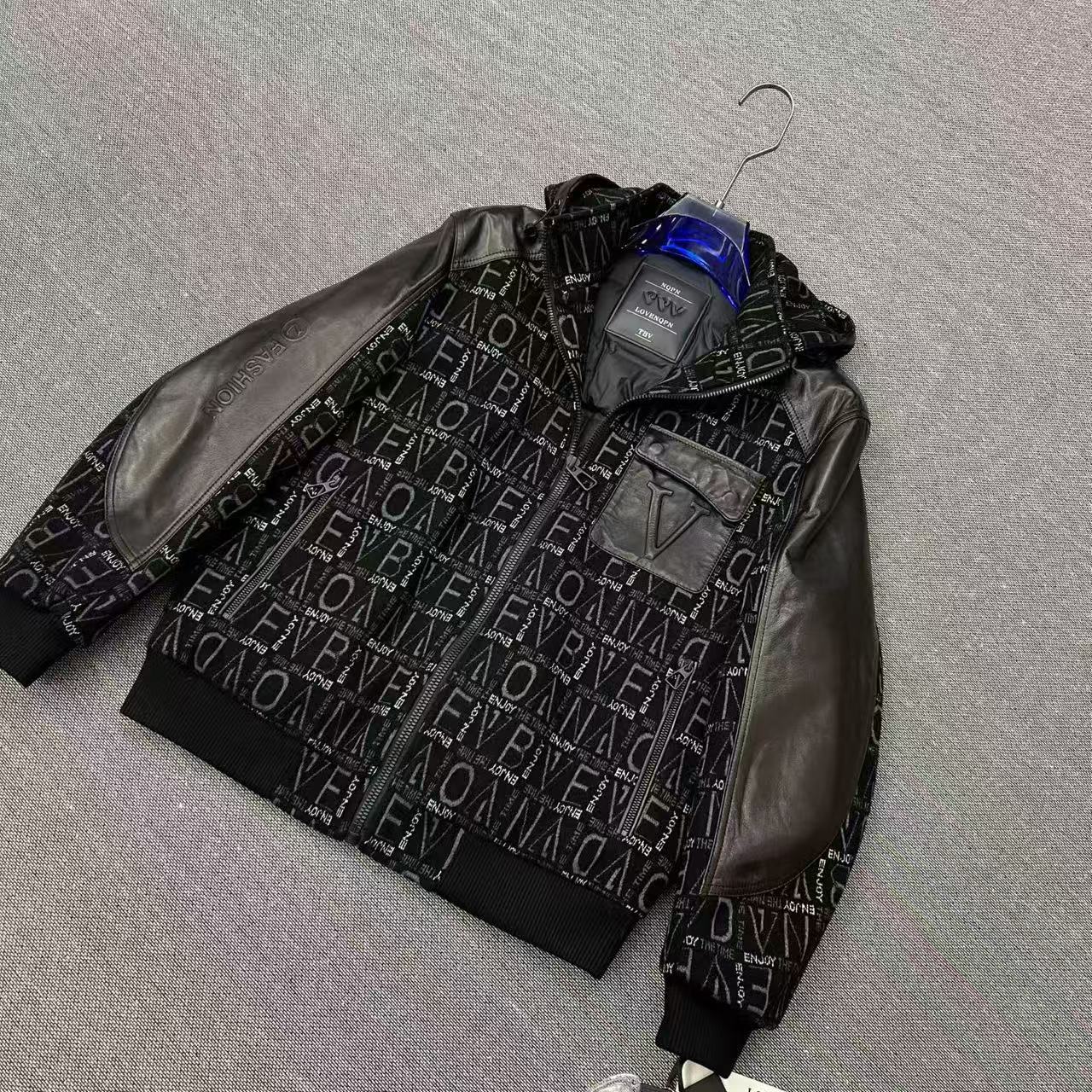 欧品男士秋冬新品潮流时尚休闲高端夹羽绒【拼皮】连帽羽绒夹克8655