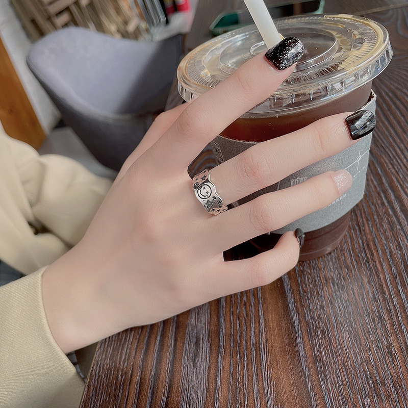 925银戒指 J8237 通体纯银星星鬼脸笑脸小众个性潮酷嘻哈活口戒指