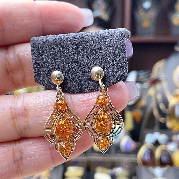 琥珀耳饰银S925镶嵌耳环