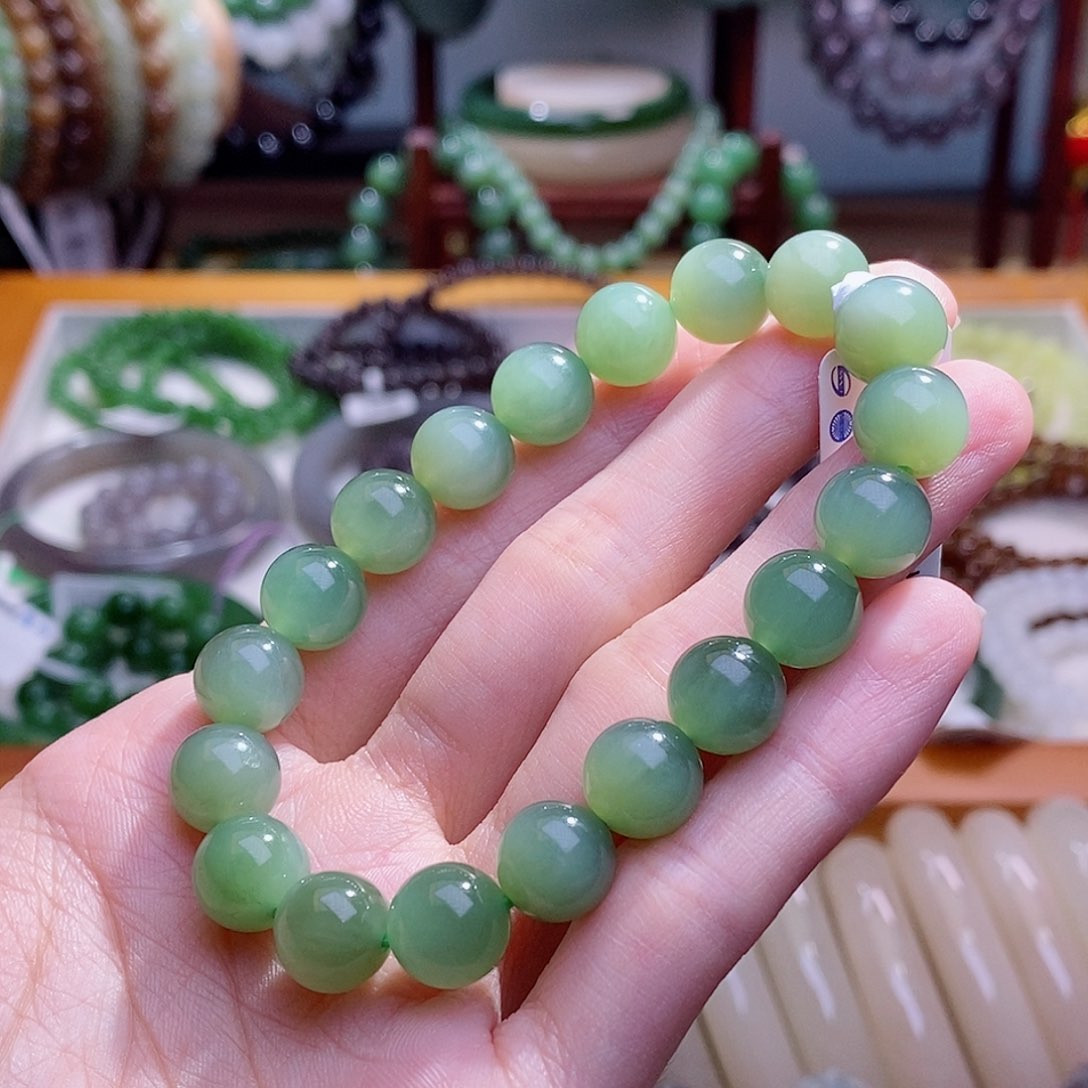 和田玉未镶嵌颈饰碧玉粉青猫眼手串9.5MM