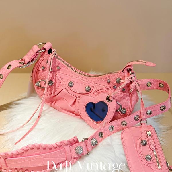 大吉中古/巴黎世家粉银带钻迷你饺子机车斜挎包