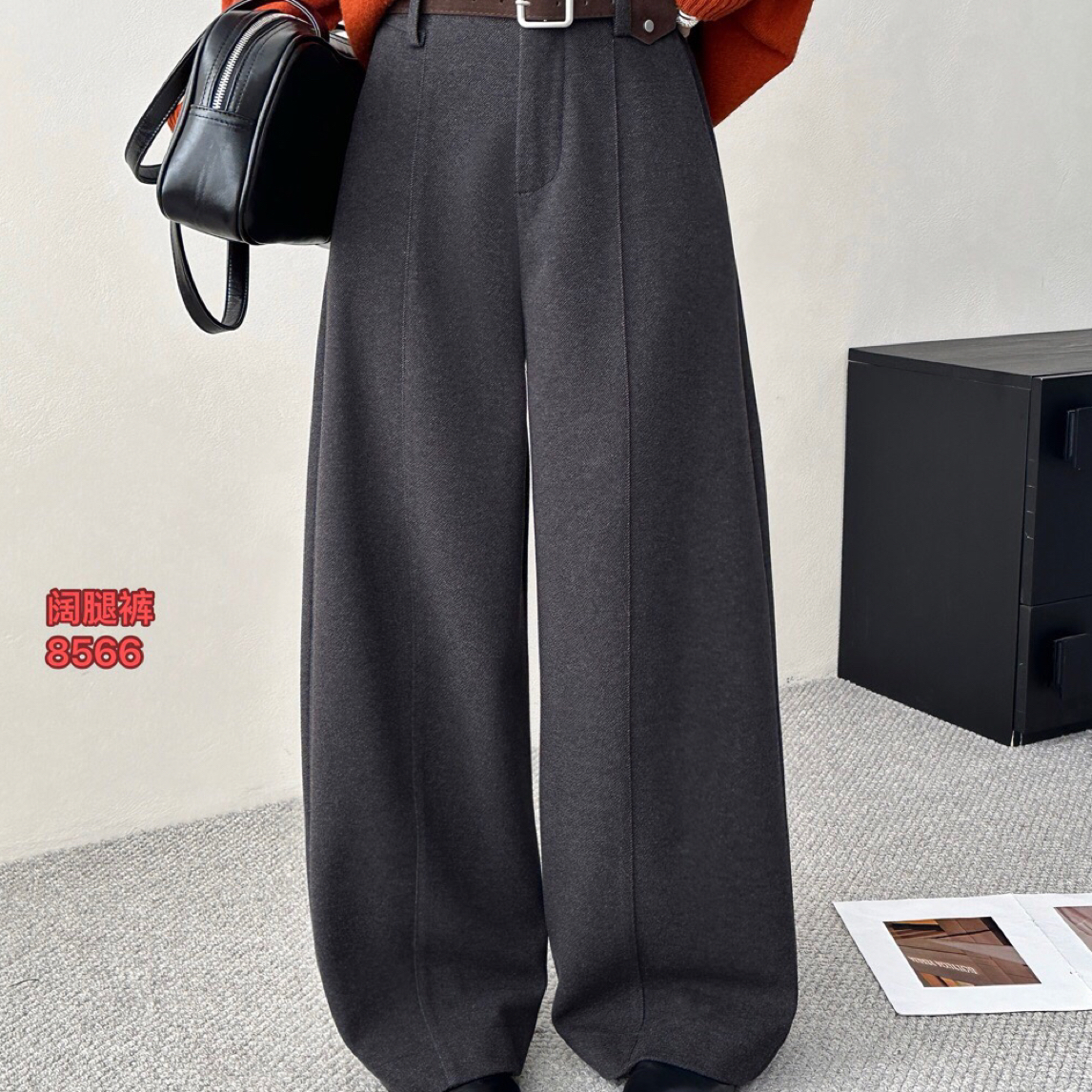 8566意凡加绒加厚高腰显瘦垂感宽松阔腿休闲女裤秋冬百搭