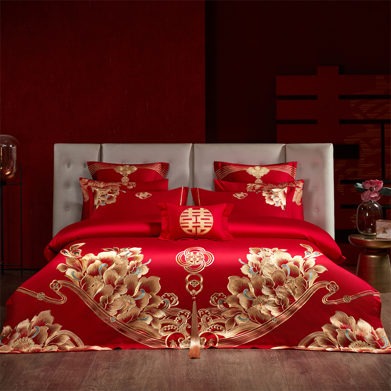 中式全棉婚庆重工刺绣四件套纯棉长绒棉大红结婚套件六件套床品