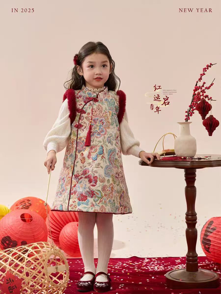 现货【花开富贵】SC662女童冬季国风新中式毛衣马甲旗袍裙拜年服