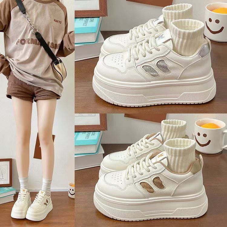 厚底松糕轻便小白鞋女新款真皮透气系带休闲运动百搭板鞋网鞋女士