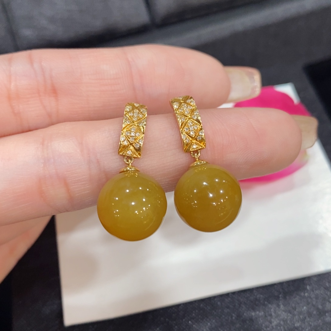 翡翠耳饰18K金镶嵌黄翡珠珠