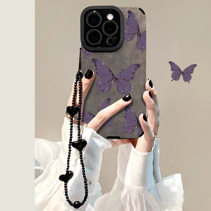 紫色蝴蝶适用于苹果17华为vivo/oppo小米iPhone16pro翻毛皮手机壳