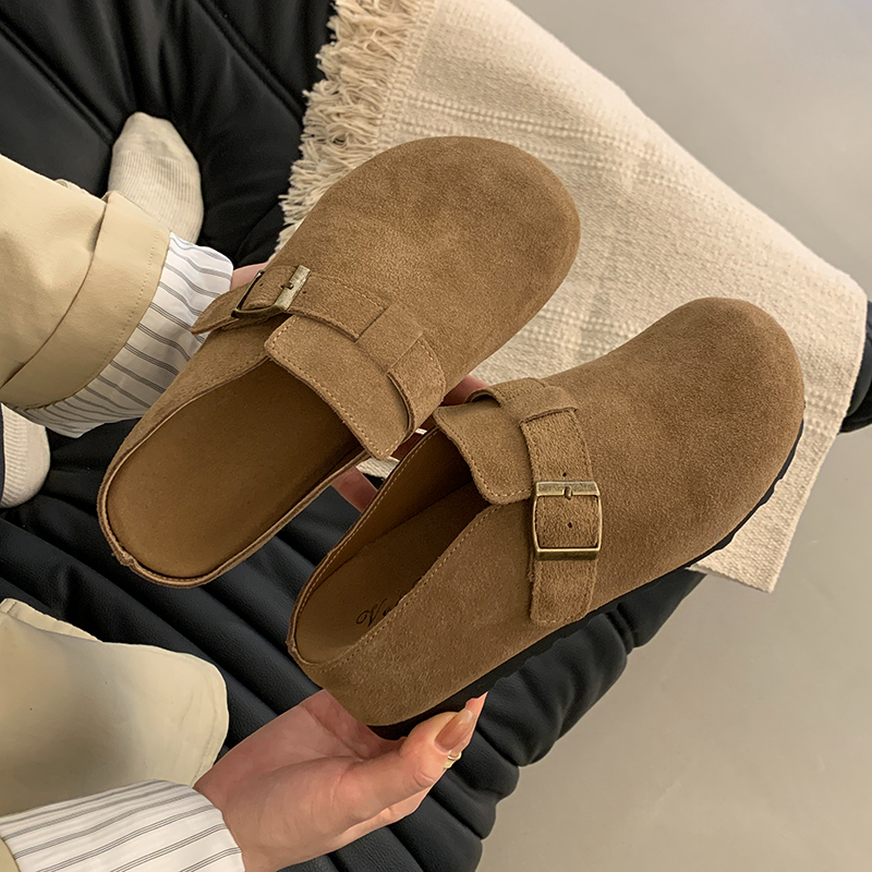 小个子内增高5CM~磨砂勃肯鞋女春秋新款复古坡跟厚底半拖鞋女外穿