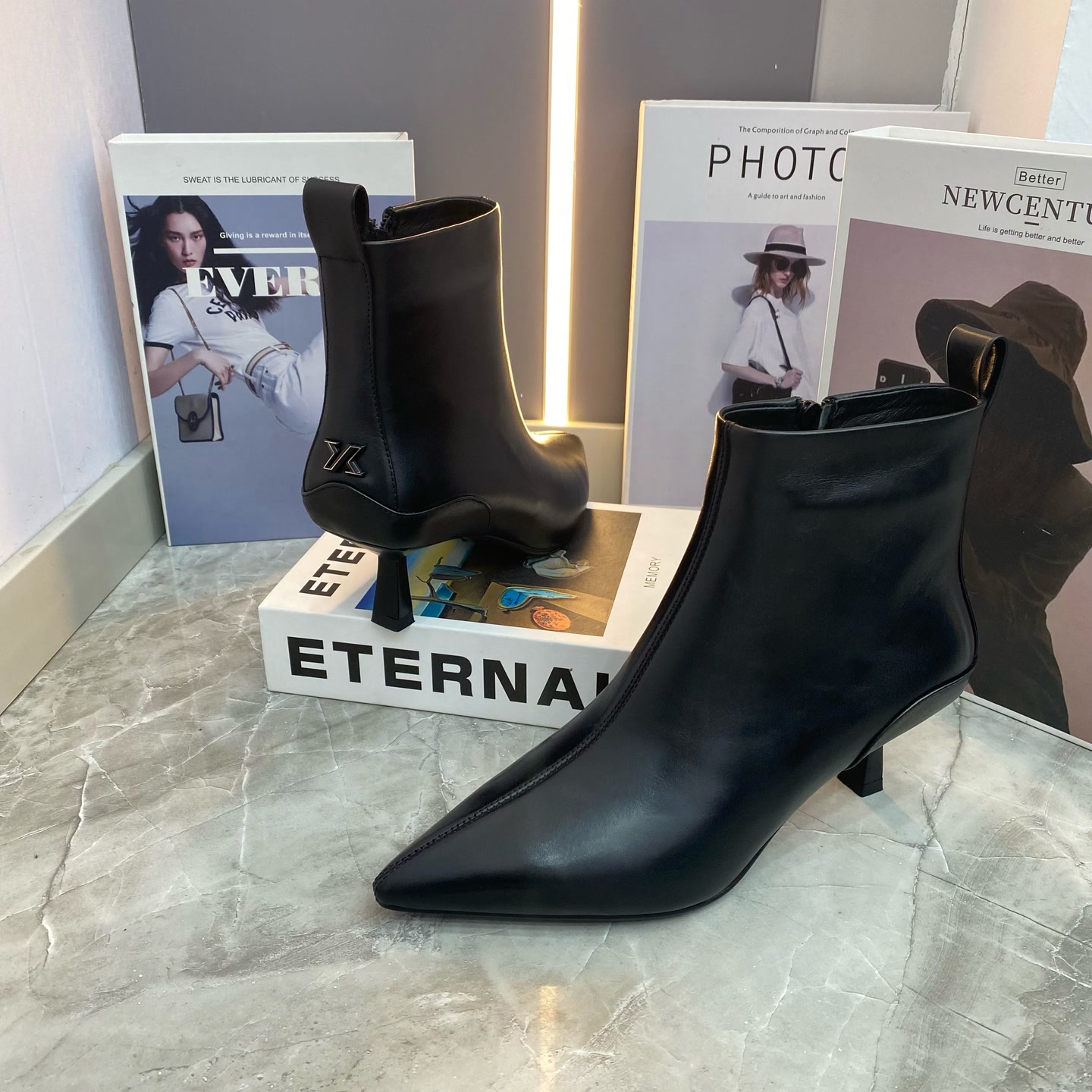 玟-头层牛皮4厘米跟女靴短靴女棉靴